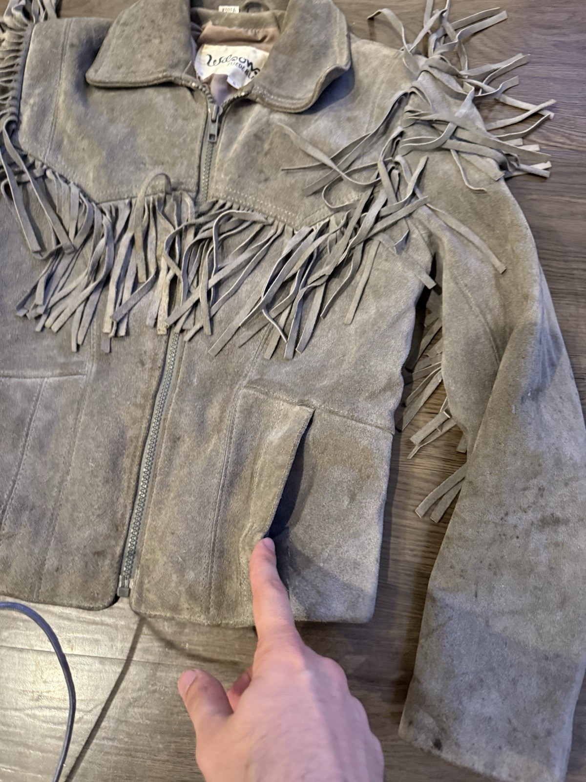VTG 80s Wilson’s Leather Gray Suede Fringe Jacket Size 8