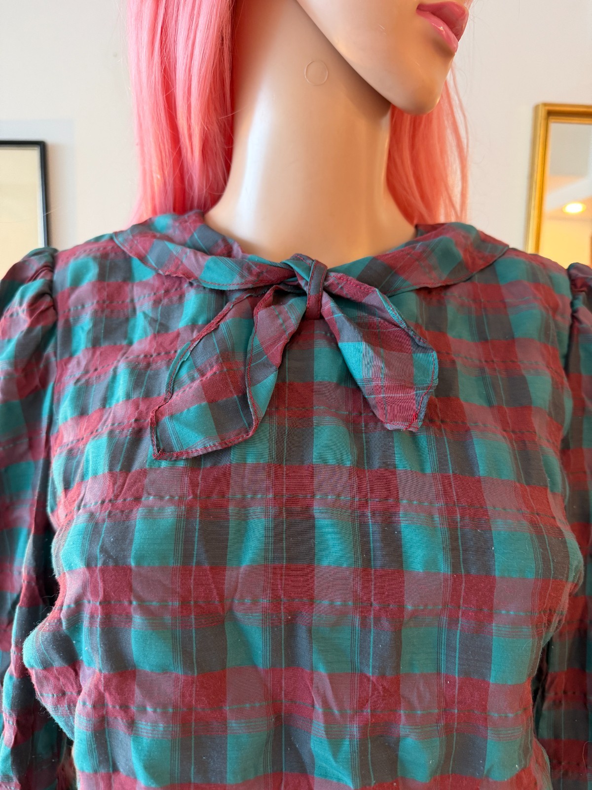 🎀 Vtg 70s Asian Export Plaid Cotton Batwing Pussy Bow Top Skirt Buckle Dress M
