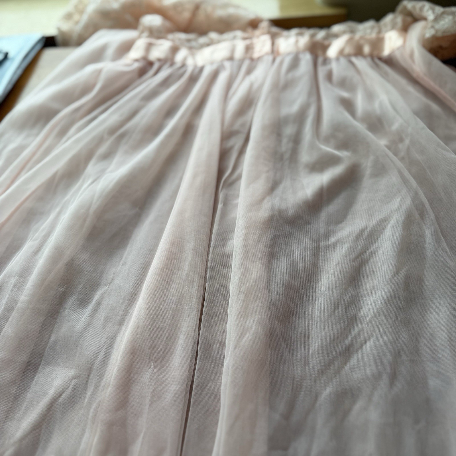 Vintage 60s Pandora Lingerie Peignoir M Nylon Double Chiffon Lace Puff Sleeves