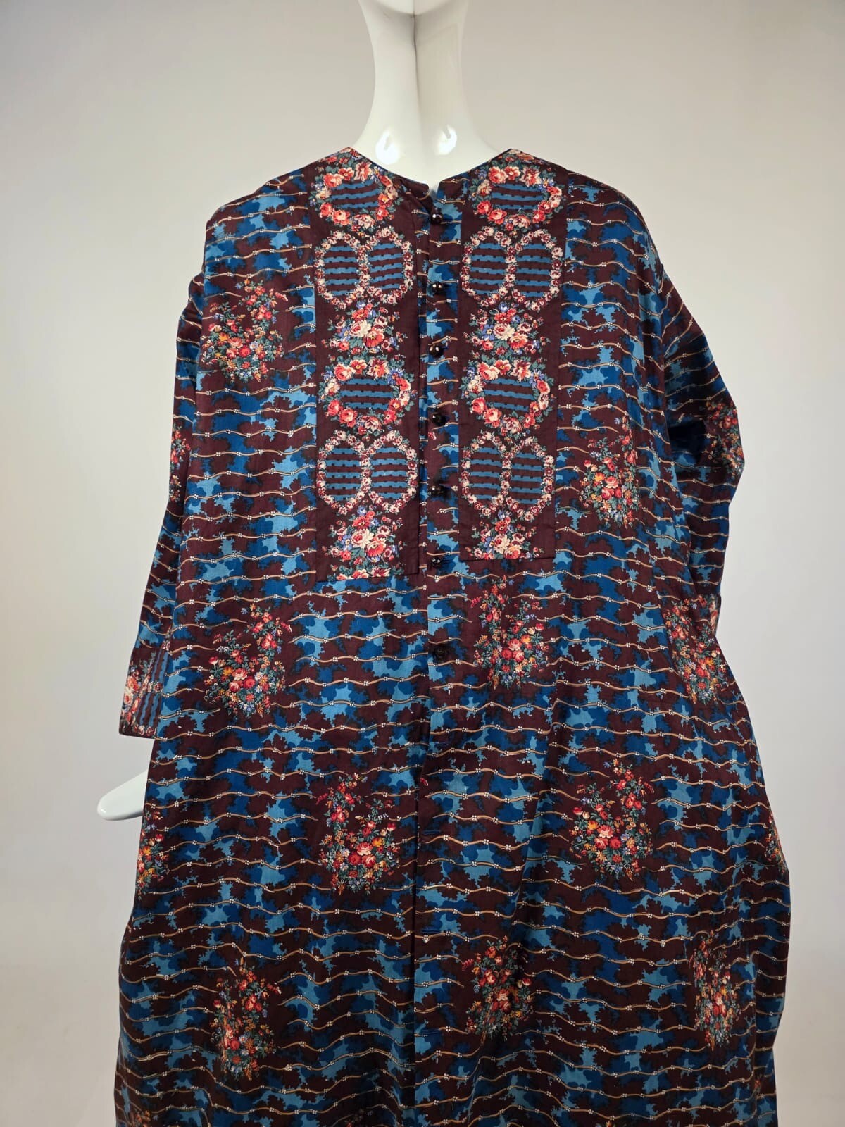 UNWORN CONDITION CIVIL WAR 1850’S FLORAL CHINTZ WRAPPER DRESS W PAGODA SLEEVES