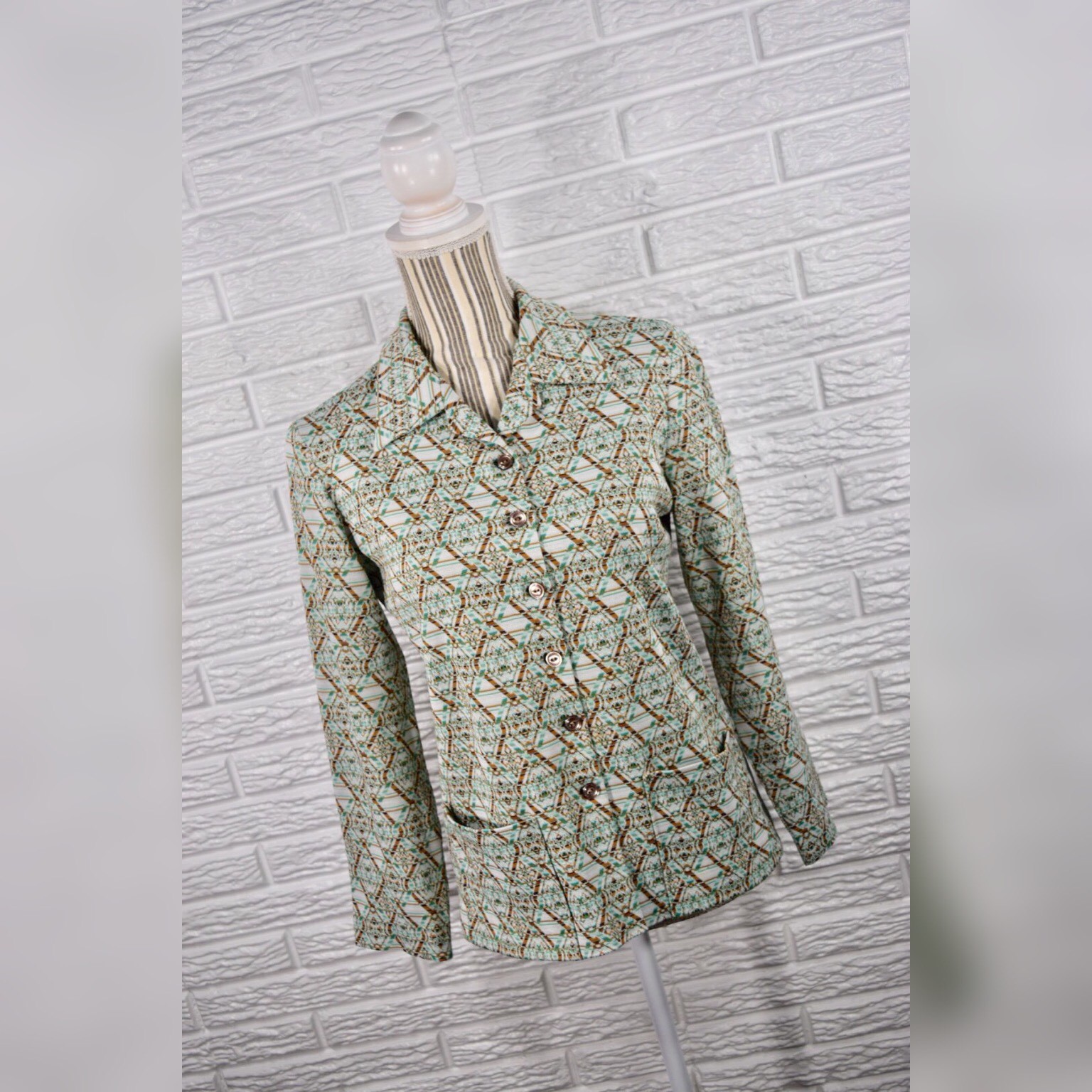Vintage 60s/70s Green Brown Grey Tan Patterned Collared Button Up Jacket Sz S/M