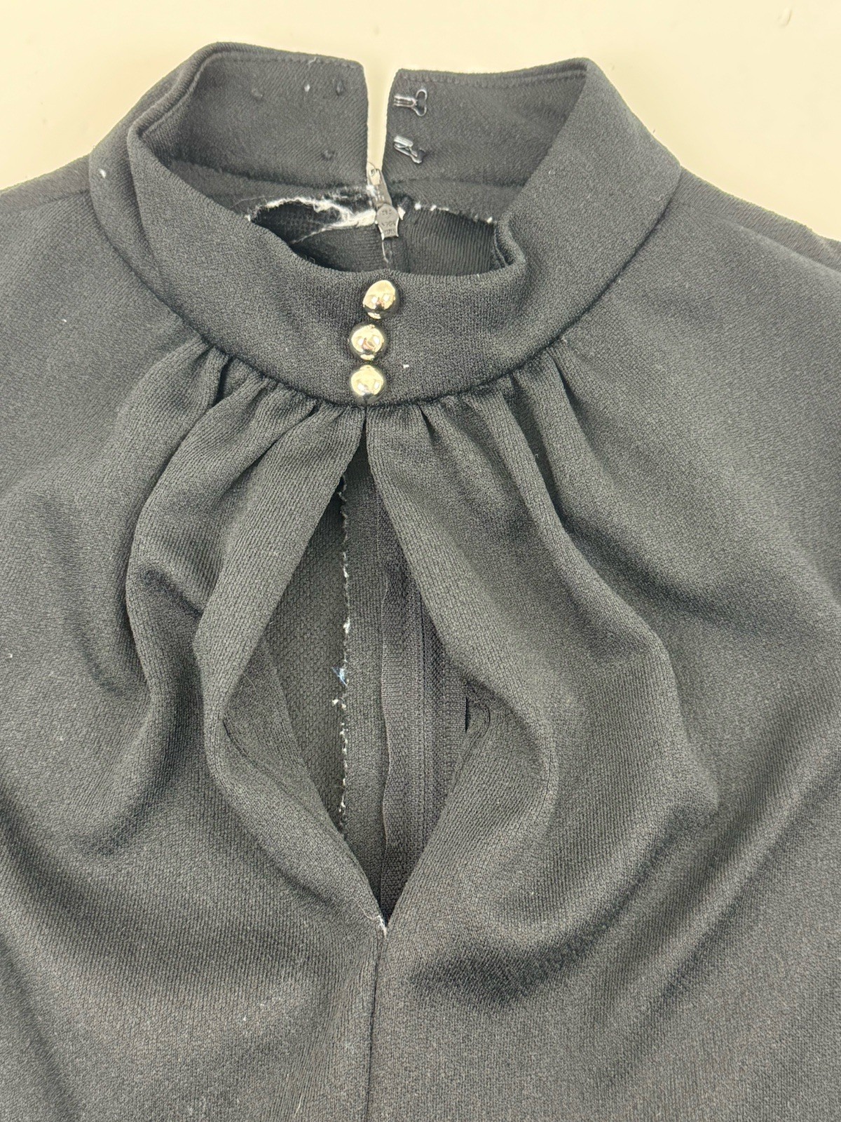 Vintage 1970s Montgomery Ward Black Dress High Collar Chest Cut Out
