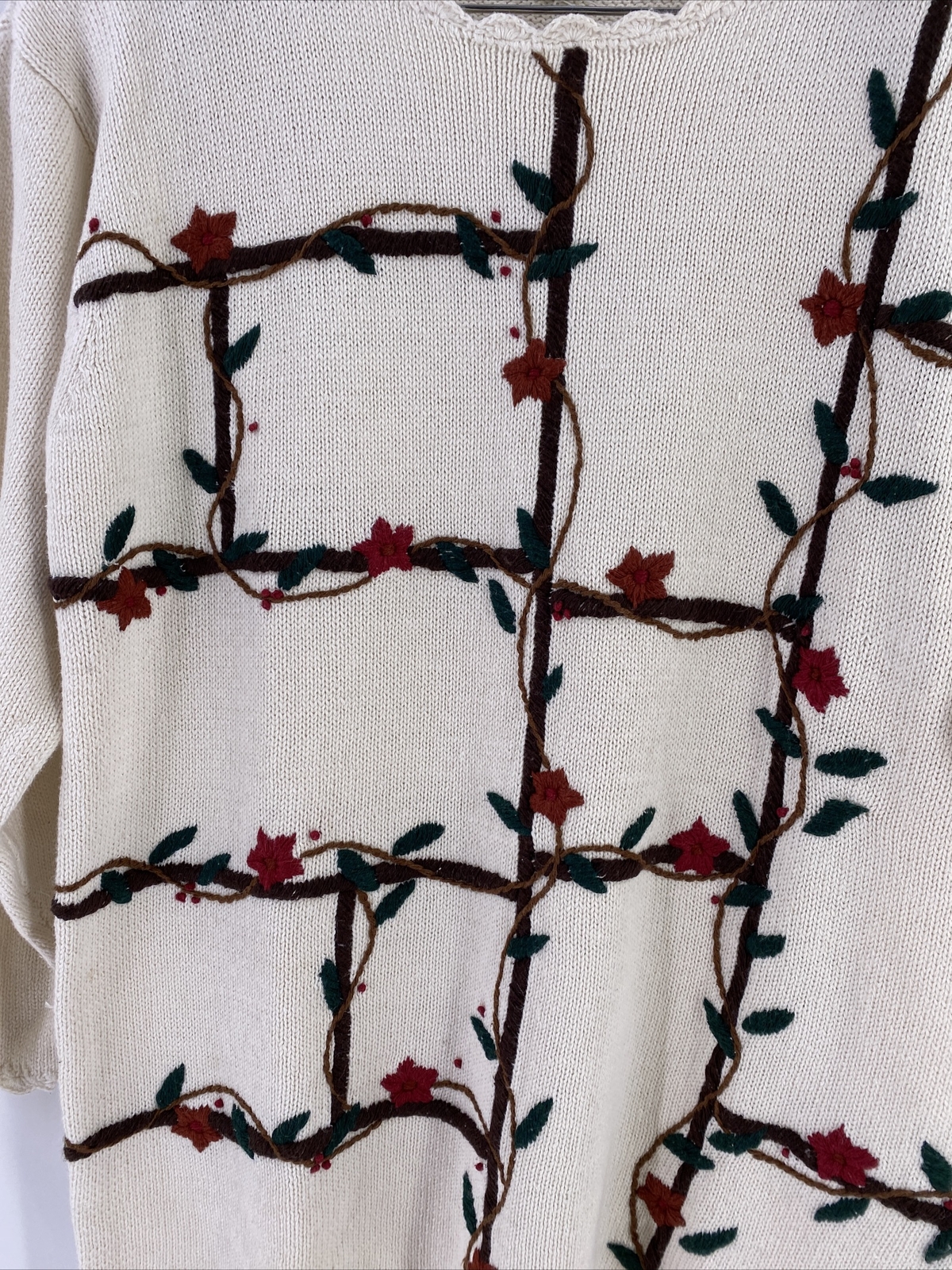 Vtg Cotton Collectables L Sweater Cream Embroidered Floral Vines Crochet Trim