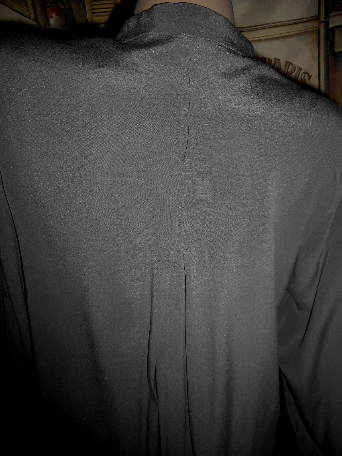 M Silk Blouse Grey Silk Blouse Long Slv Soft Sueded Sand Wash Band Collar NOS