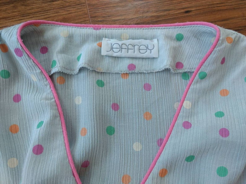 Vintage 80s Polka Dot Dress Gray Pink Green Orange White Crossover Bust