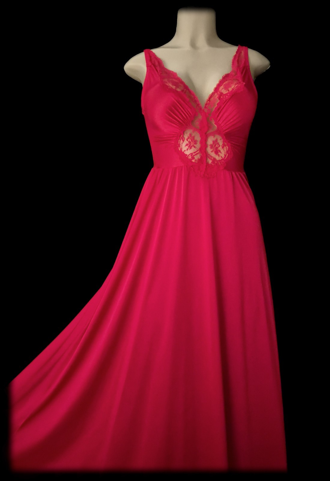 Vintage 80s OLGA Body Silk NYLON Nightgown SILKY Long Red GOWN Full Sweep LACE M
