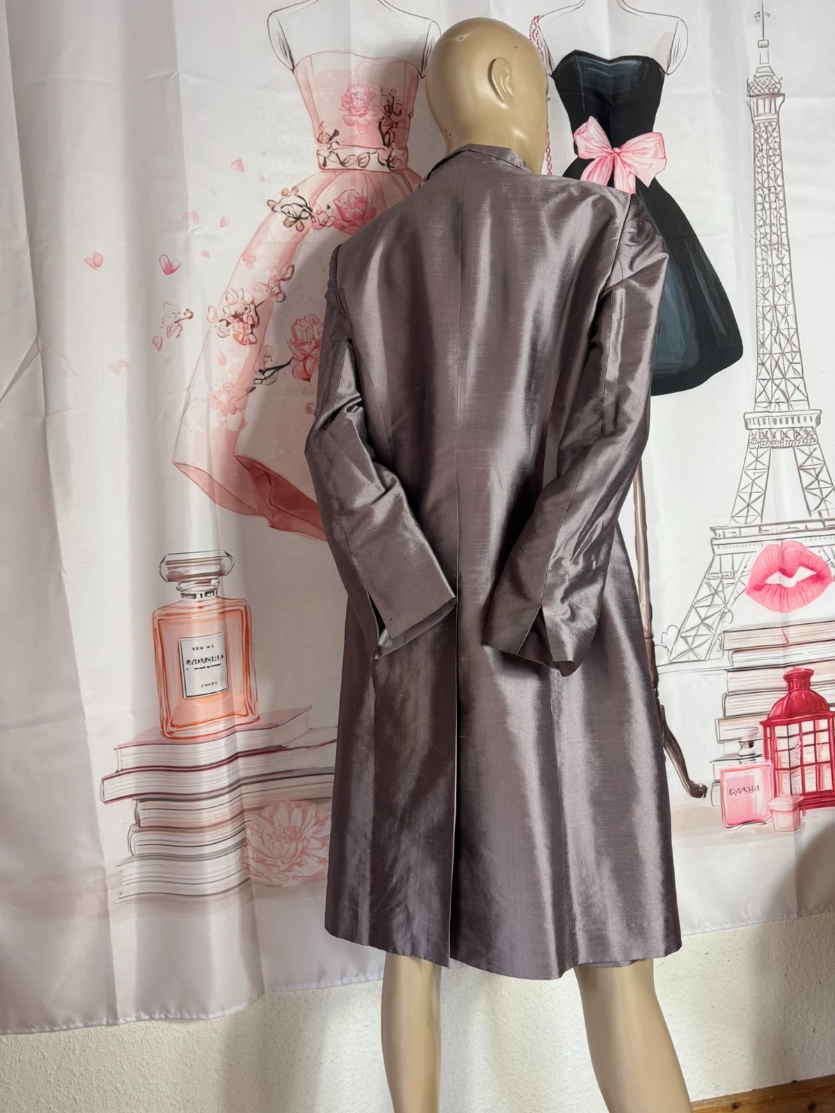 Mariposa silk ensemble dupion silk taupe silver dress frock coat size 38
