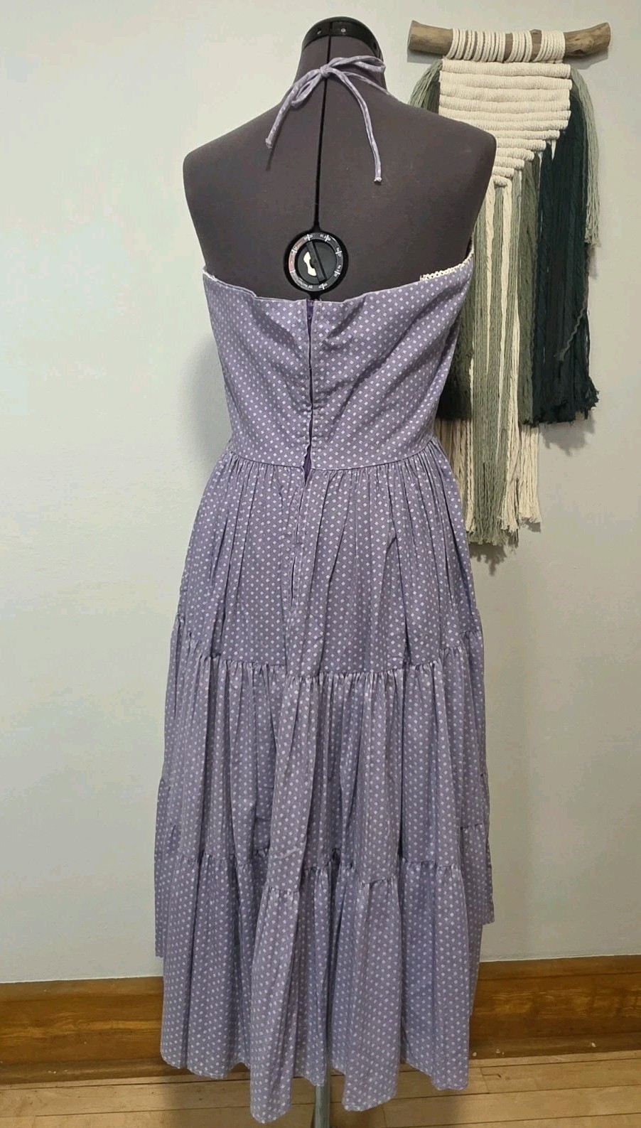 1970s Vintage Prairie Halter Dress Lace Up Chest Midi Blue Lilac Crotchet Trim M