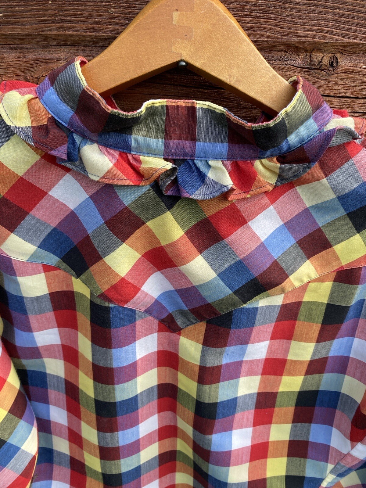 Vintage Panhandle Slim blouse Women’s Western Plaid Ruffle Red Yellow gingham
