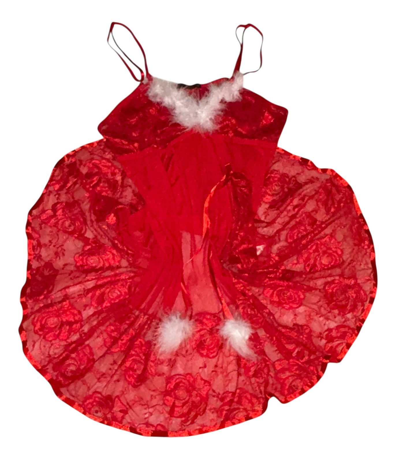 AVIDLOVE Red Silky Sheer Lace Shiny Satin White Fur Trim Nightie Nightgown 2XL
