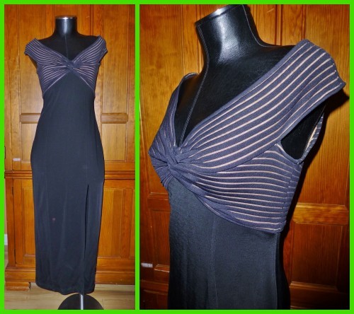 TADASHI Vtg 80s Black Bandage Bodycon Slit Evening Party Maxi DRESS Gown sz M