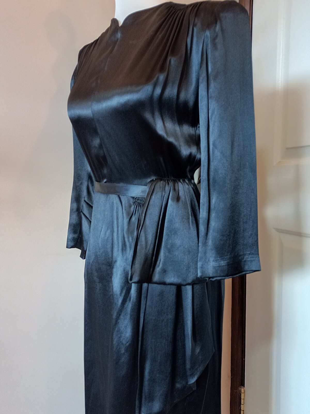 Vintage 1940s Glossy Black Satin Charmeuse Femme Fatale Film Noir Dress XS