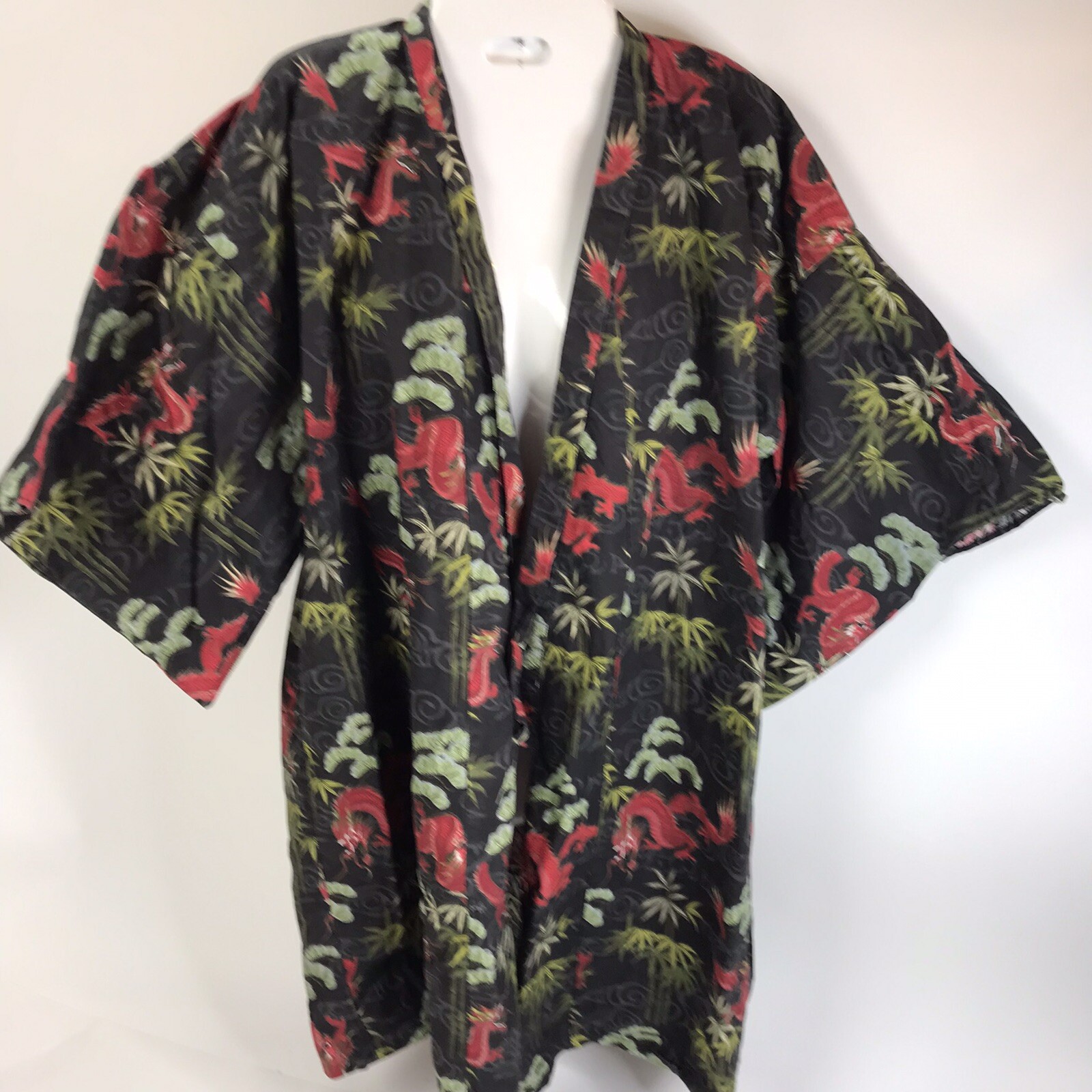 Vintage Kimono 90s Chinese Dragons Palm trees open front Oriental one size short