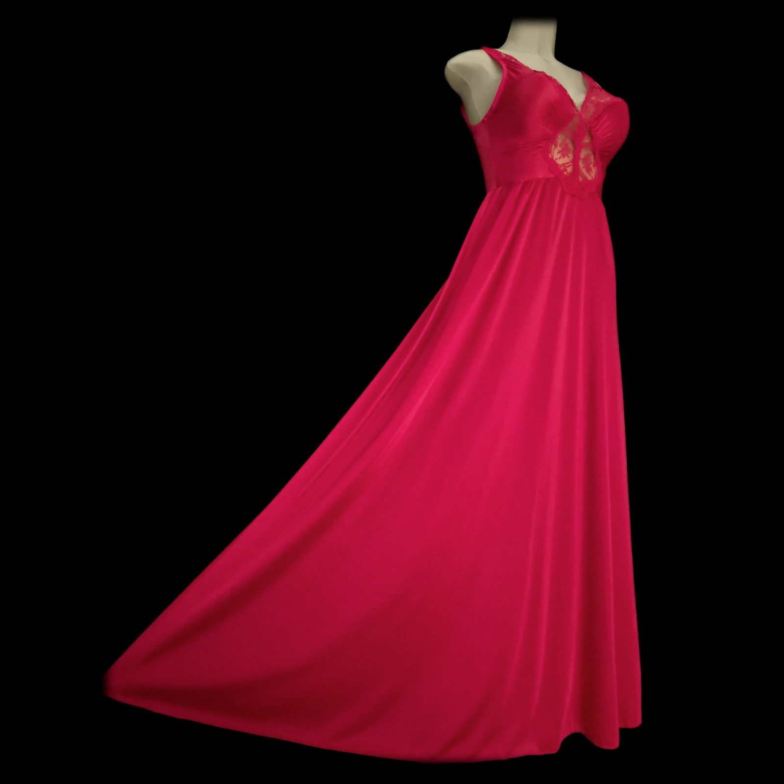 Vintage 80s OLGA Body Silk NYLON Nightgown SILKY Long Red GOWN Full Sweep LACE M