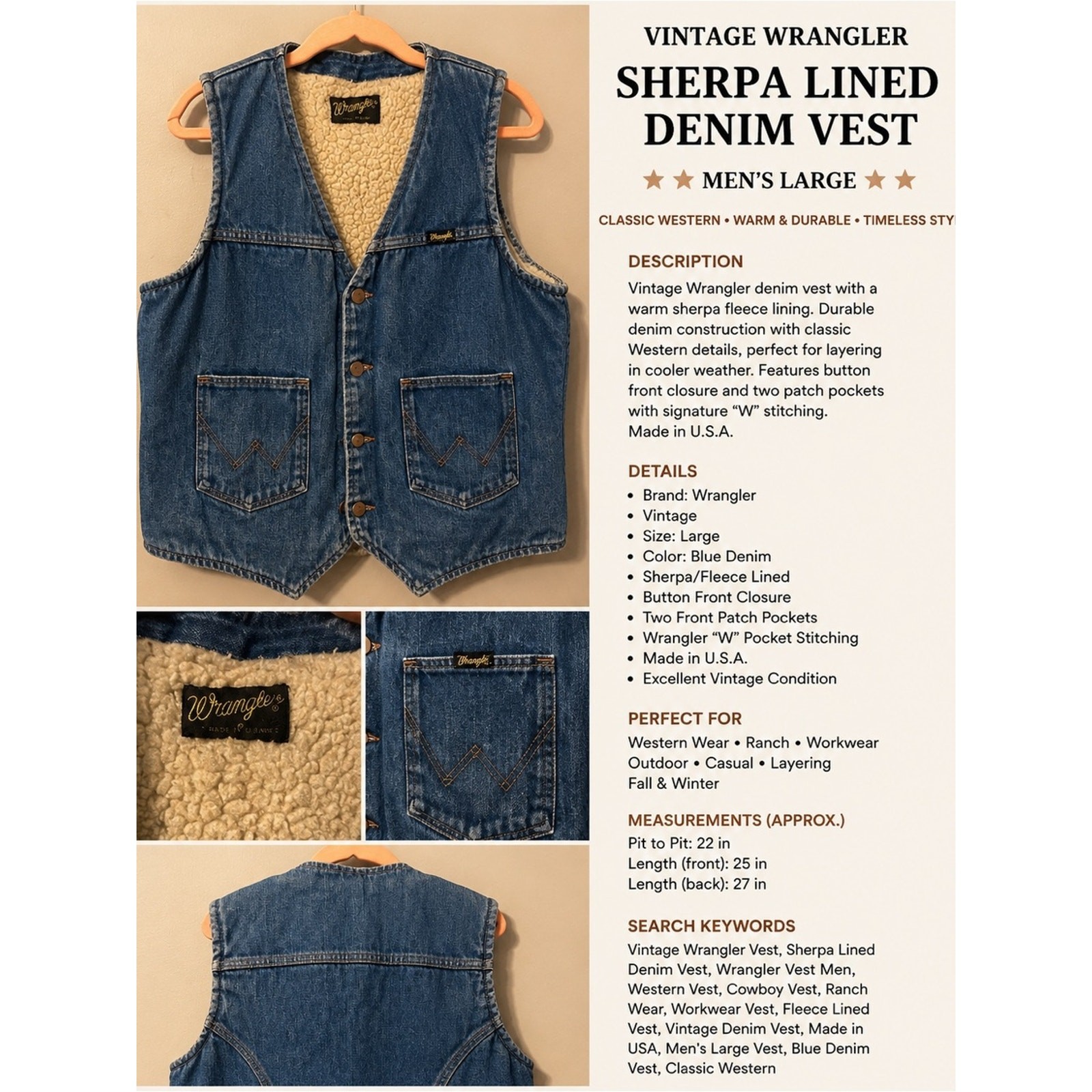 Vintage wrangler Sherpa lined denim vest USA made ranch workwear western