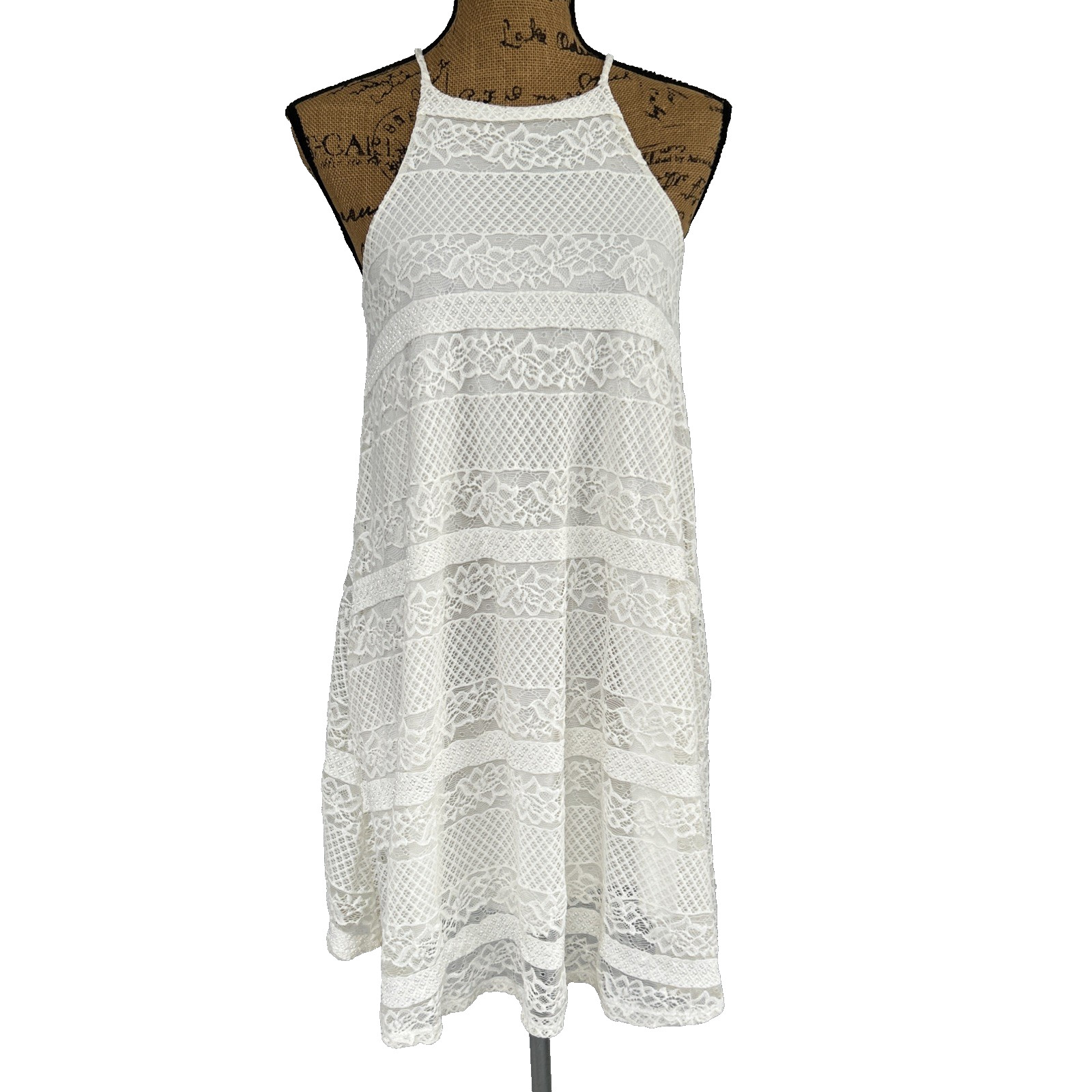 Vtg Wild Daisy Swing Dress Medium Ivory Lace Overlay Trapeze Made in USA