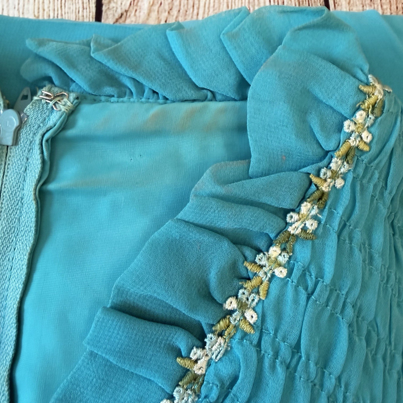 Vintage 70s Teal Chiffon Maxi Dress Size XS Bridesmaid Twiggy Retro MCM 60s Gown