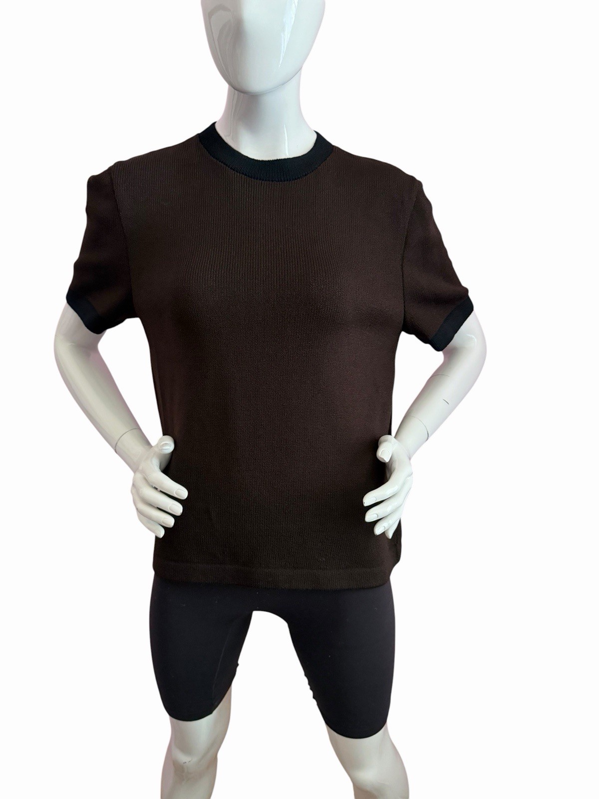 VTG St John Santana Knit Top Mock Neck Pullover LARGE Short Sleeve Brown Black