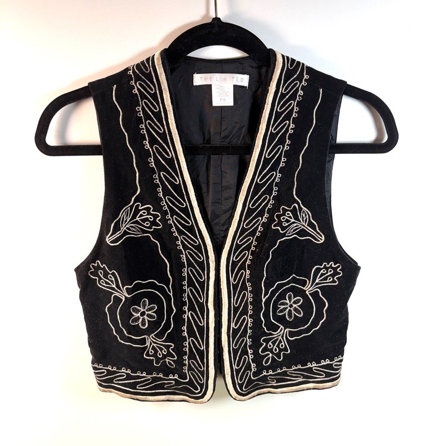 Vintage The Limited Black Vest Embroidered Floral Boho Western Festival Size P/S