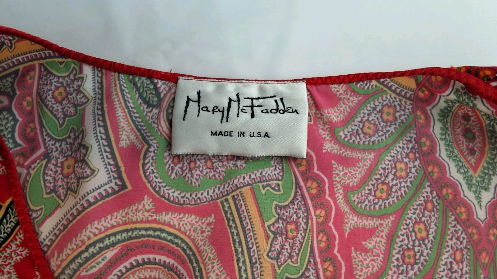 Vintage Mary McFadden V Neck Red Paisley Caftan House Dress One Size