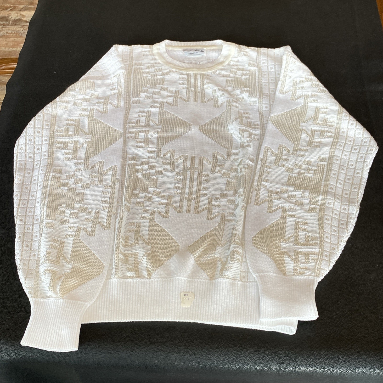 VTG 1970s JT MARTIN Mens WHITE 2 Tone Abstract Geometric Knit Sweater 65% Cotton