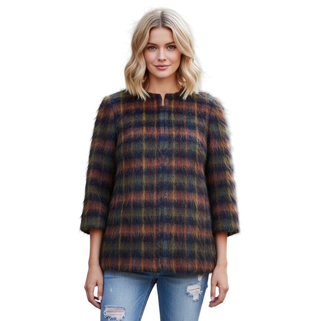Vintage 90s DONCASTER Womens Plaid Topper Coat Mohair Blend Open A-Line Sz 6