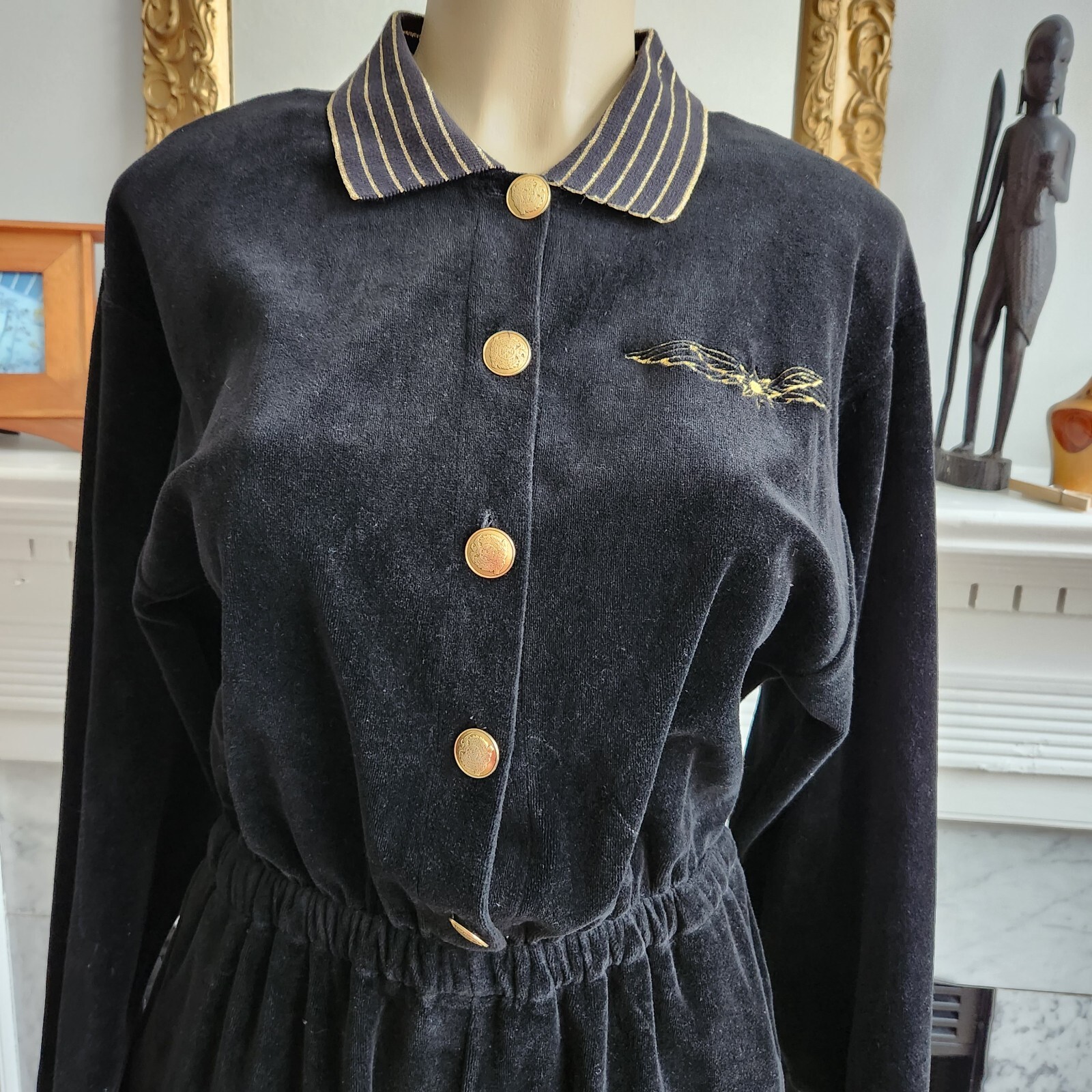 Vintage 80s Black Velour Jumpsuit Size Medium Embroidered Metallic Gold Retro