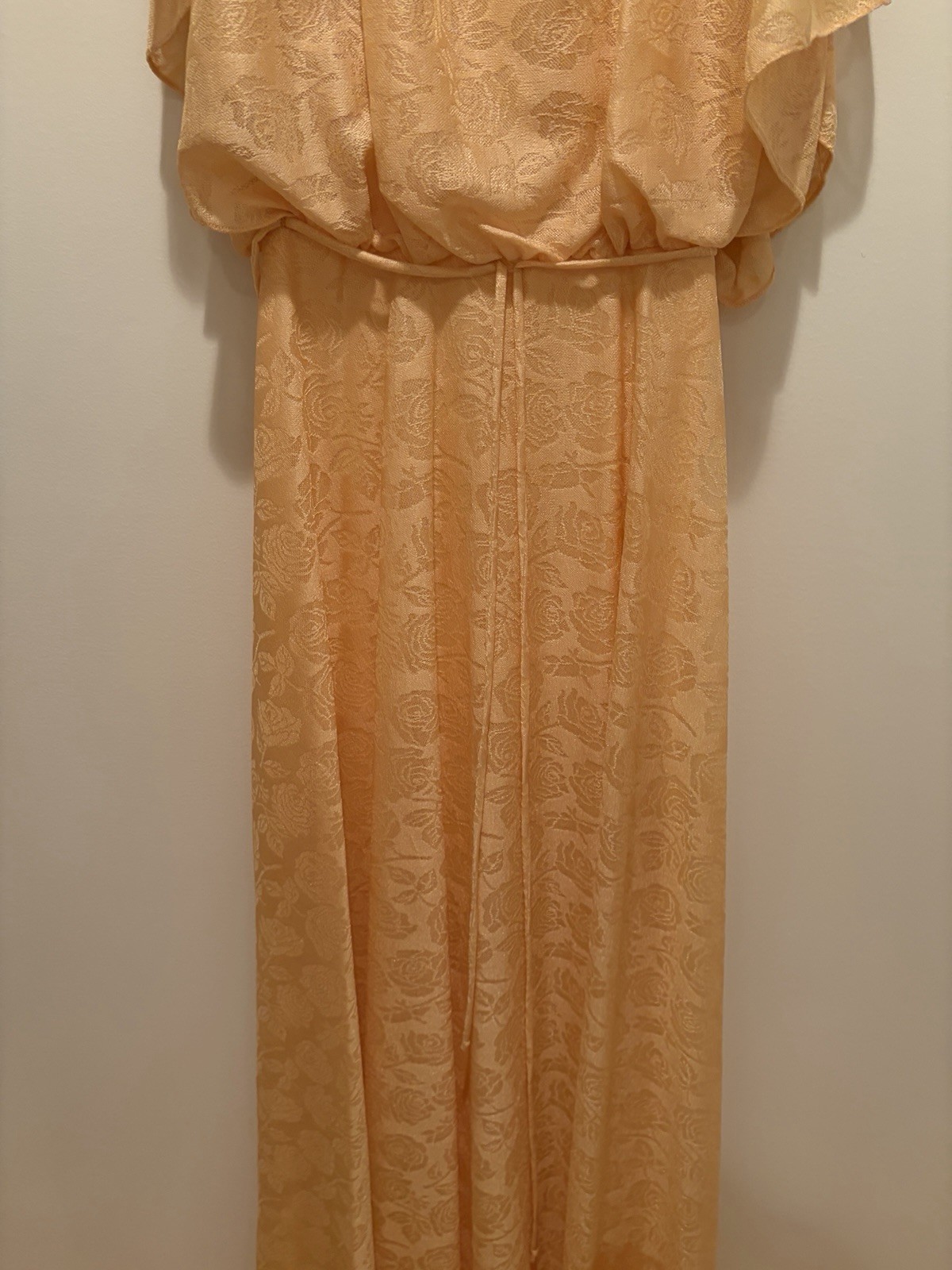 Vtg 70s-80’s Gold Rose Overlay Blouson Maxi Dress Floral Prairie Romantic