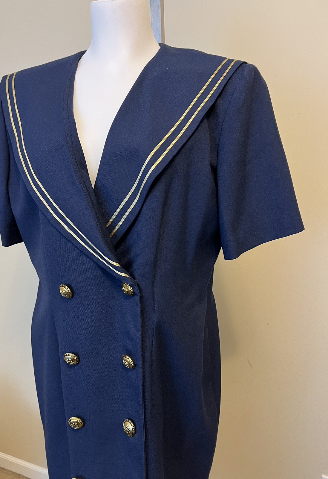 Vintage Leslie Fay Size 12 Sailor Dress Navy Blue W/Gold Trim Buttons Nautical