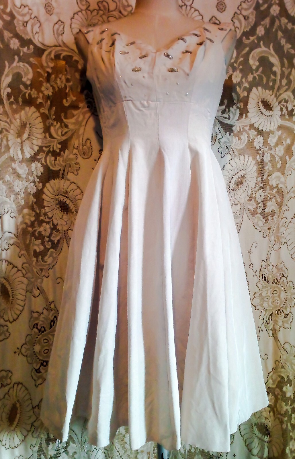 VTG 1950s Cocktail Dress Faille Fit To Flair w/ Full Circle Skirt Beaded Top XXS