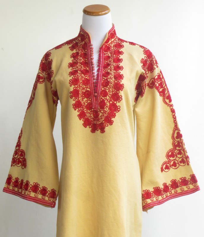 RARE Vtg 60s 70s Tribal Hippie Festival Dashiki Dress Heavy Red Embroidery S/M