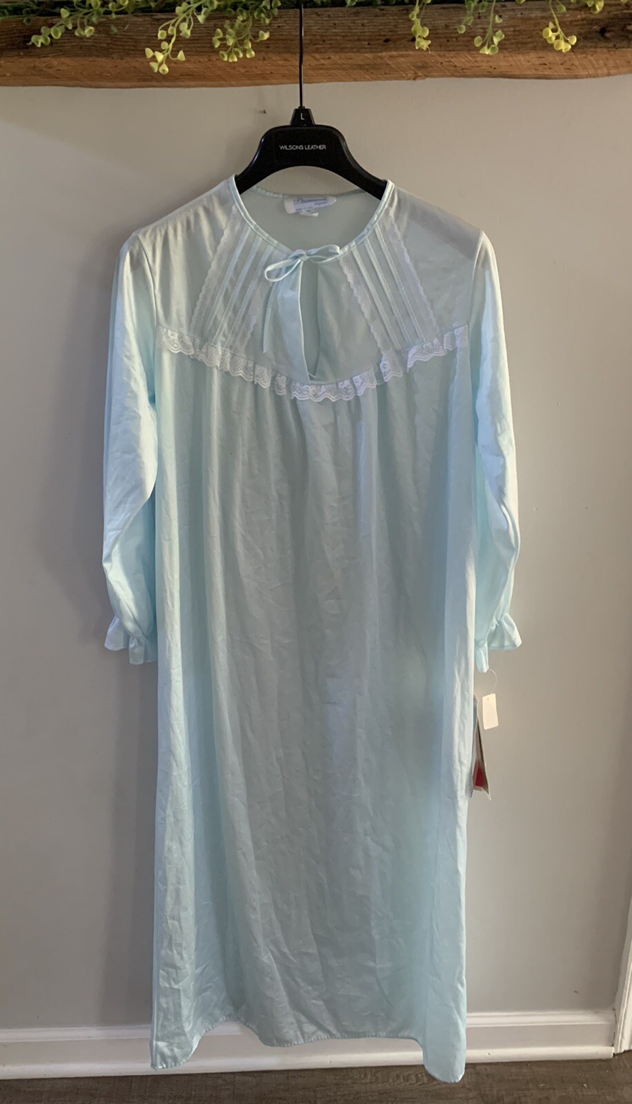 Vintage Nightgown Dreamwear Satin Blue with Lace Long Sleeve Medium NWT