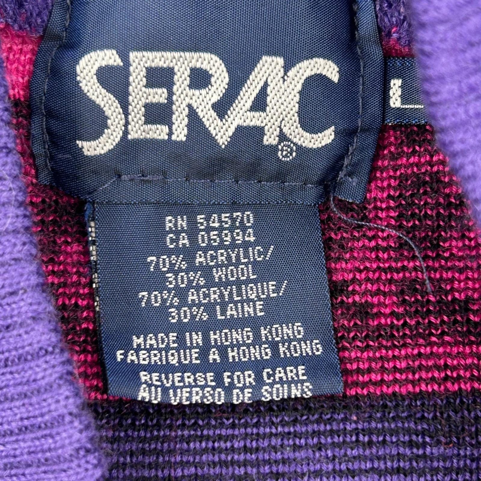 Serac Sweater Womens L Purple Pink Geometric Wool Blend Vintage 80s Retro Ski