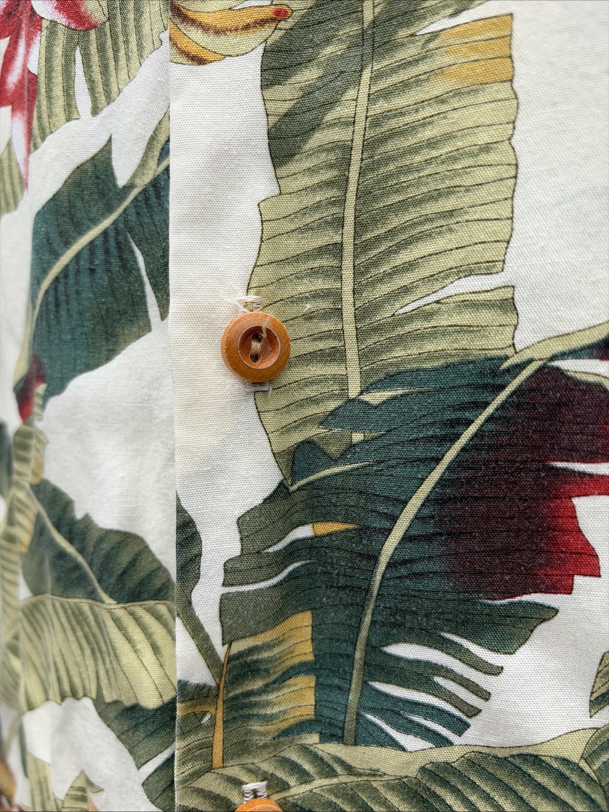 Paradise Found Vtg Hawaiian Shirt Bananas Palms M Green Red Button Cotton HOLE