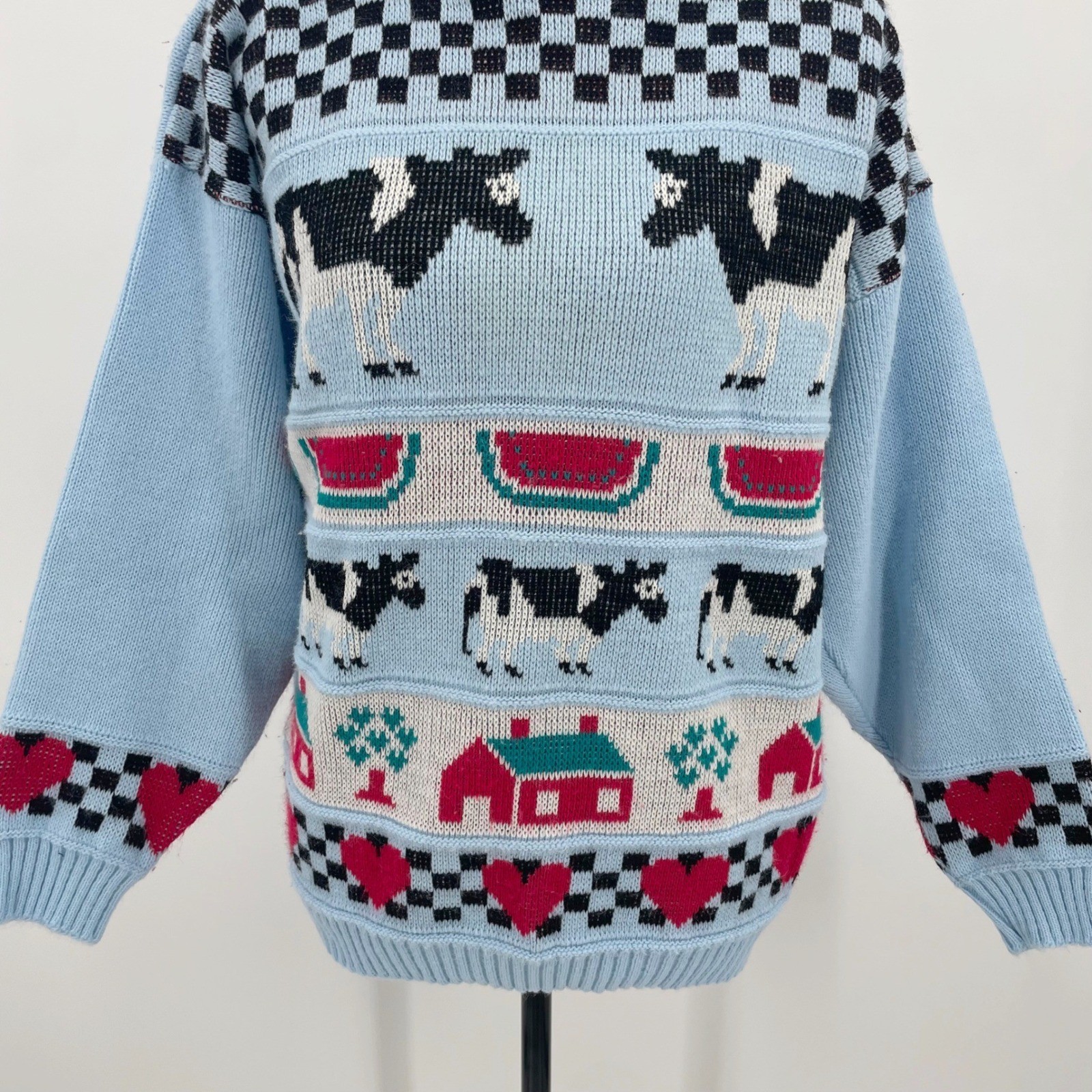 VTG Adele Knitwear Vintage Cow Watermelon Cottagecore Sweater Blue Made in USA