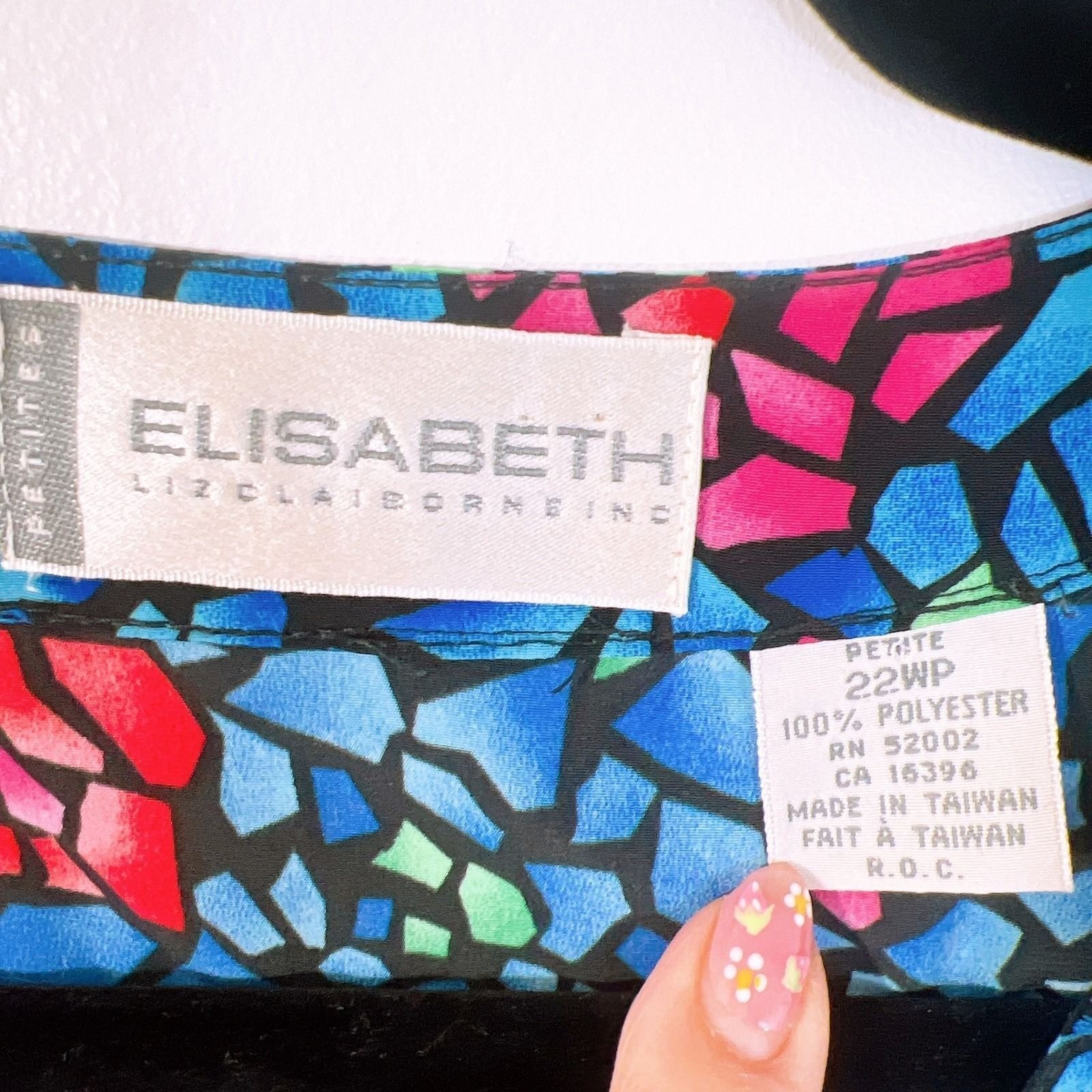 Y2K Elisabeth Liz Claiborne 22WP Vintage Stained Glass Mosaic Floral Blouse Blue