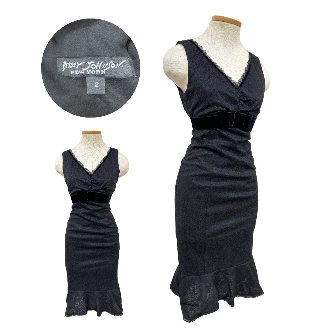 Vintage 1990s Betsey Johnson Black Lace Dress with Velvet Bow Size 2