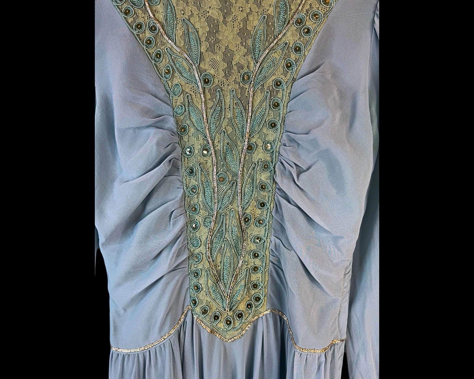 1940s Soft Blue Rayon Crepe and Lace Sequin embellished Strong Shoulder | XXS