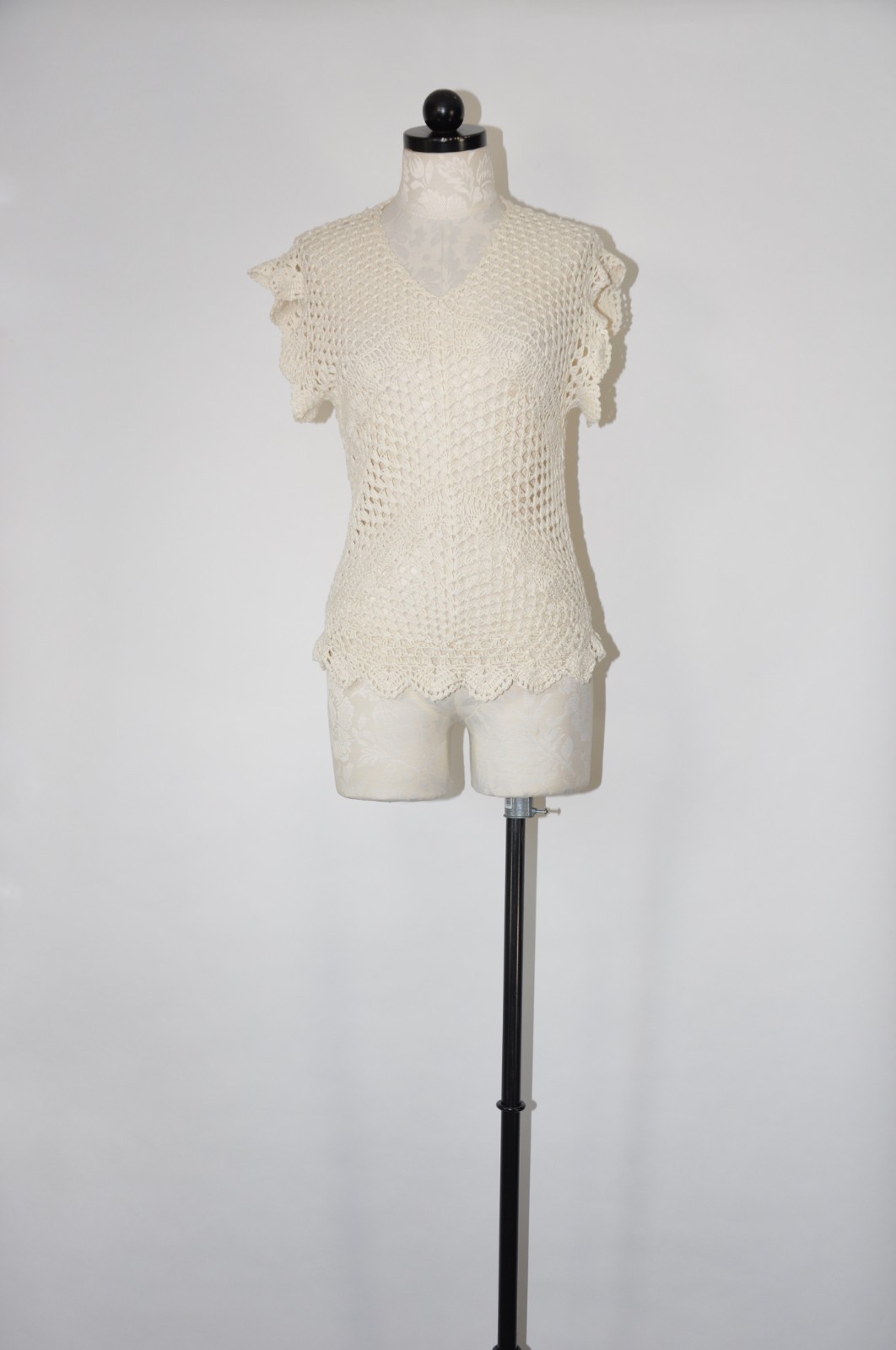 70s Cream Crochet Bohemian Knit Tank Top Sleeveless Pullover Sweater Women S M