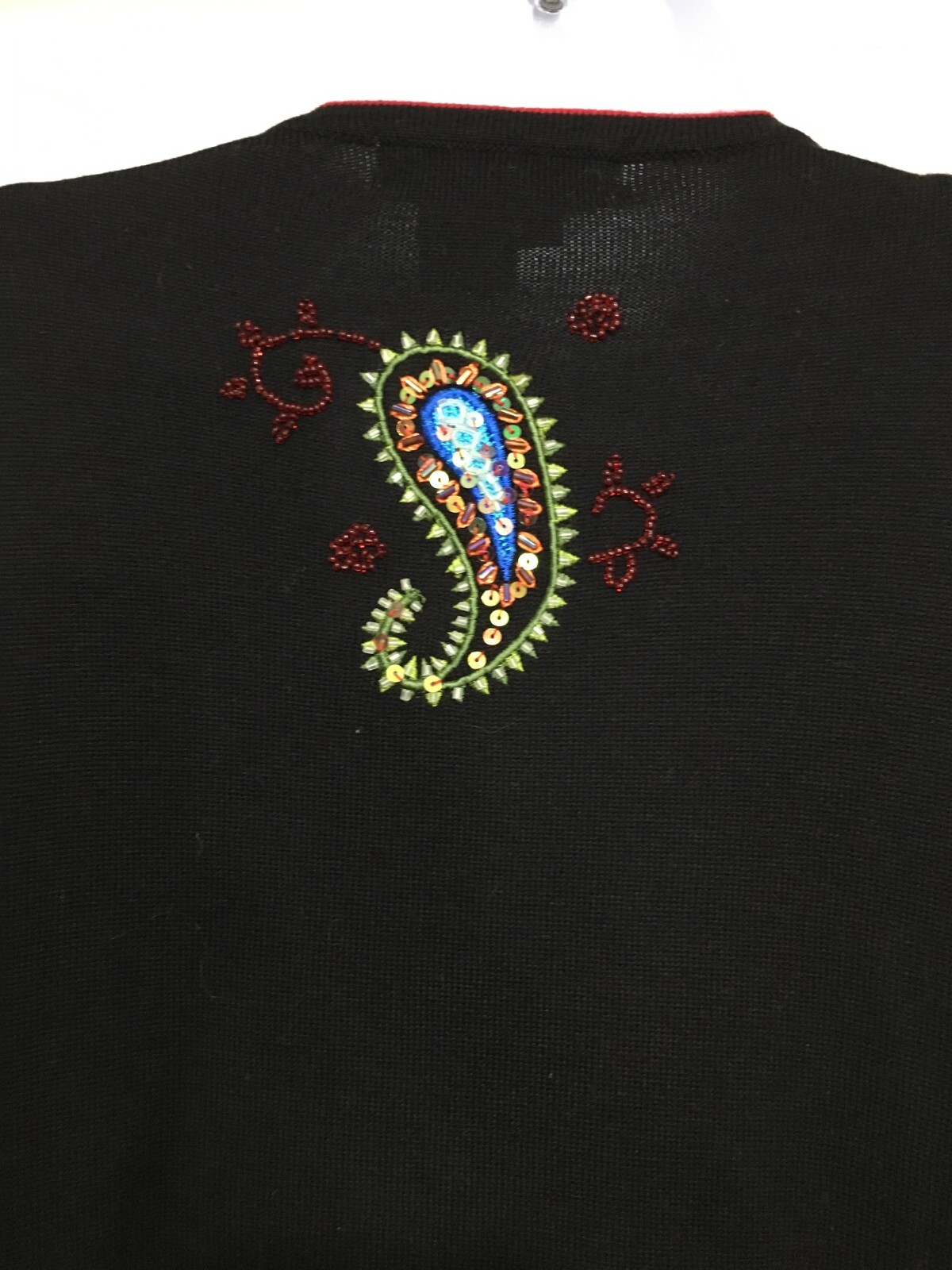 Jack B Quick PL Black Red Paisleys Sequins Beads Cardigan Vintage Button FLAWS