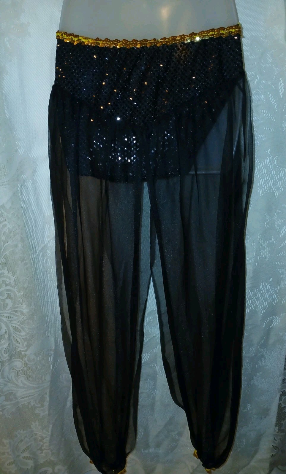 Vintage Belly Dancing Harem Genie Costume Black Chiffon Sequin Gold Coins XS