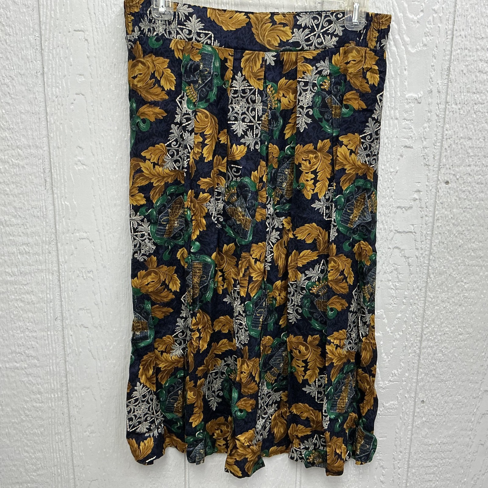 Vtg Panther Blouse Skirt Set Womens sz 12 Blue Gold Floral Button USA Top