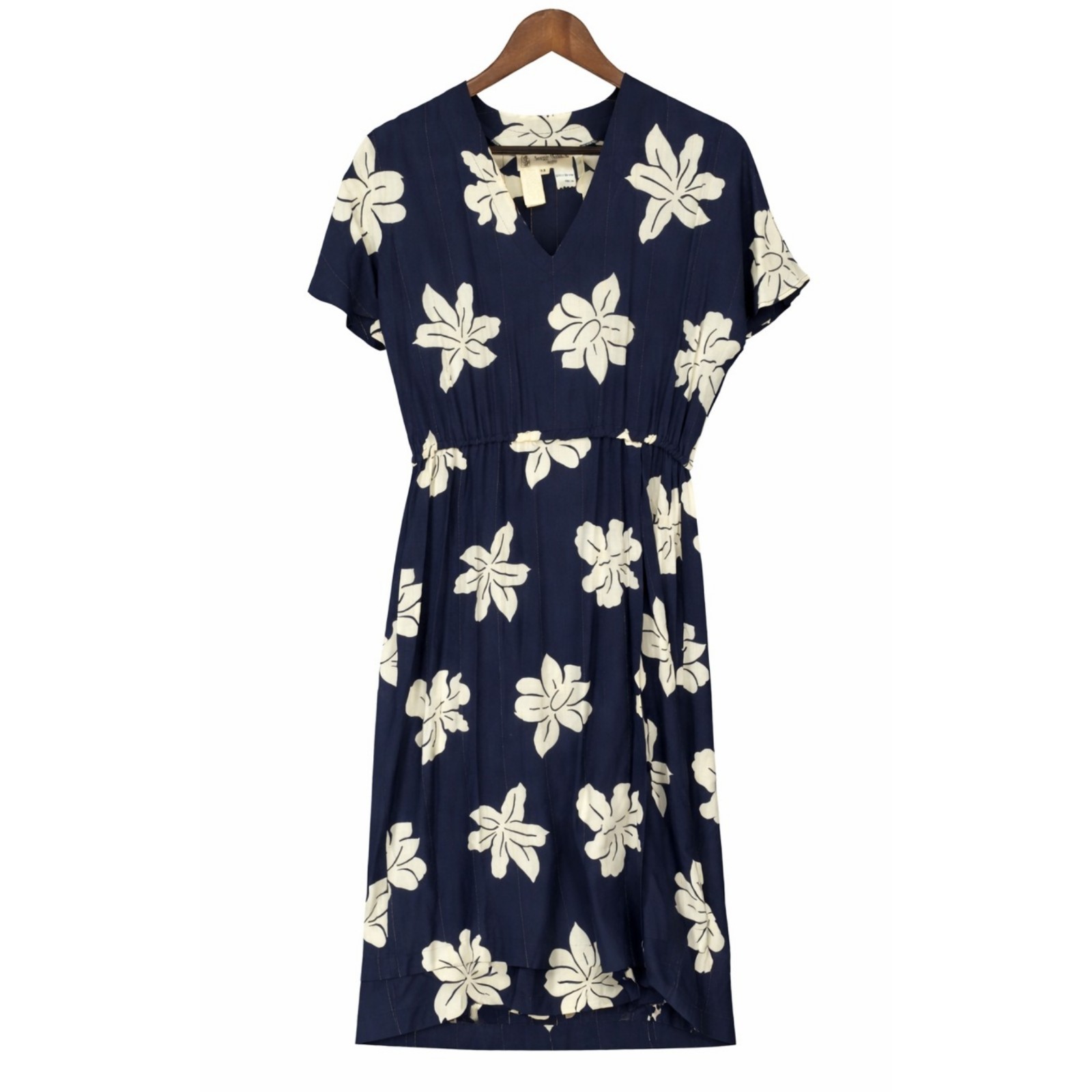 Vintage 70s Hawaiian Floral Midi Dress Viscose Elastic Waist Resort M EU 38