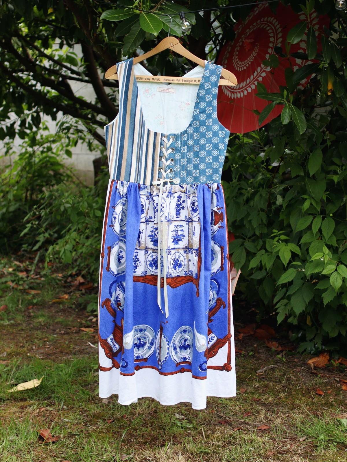Corset Cotton Midi Dress Renaissance Revival Vintage Linen Scoop Neck Dirndl