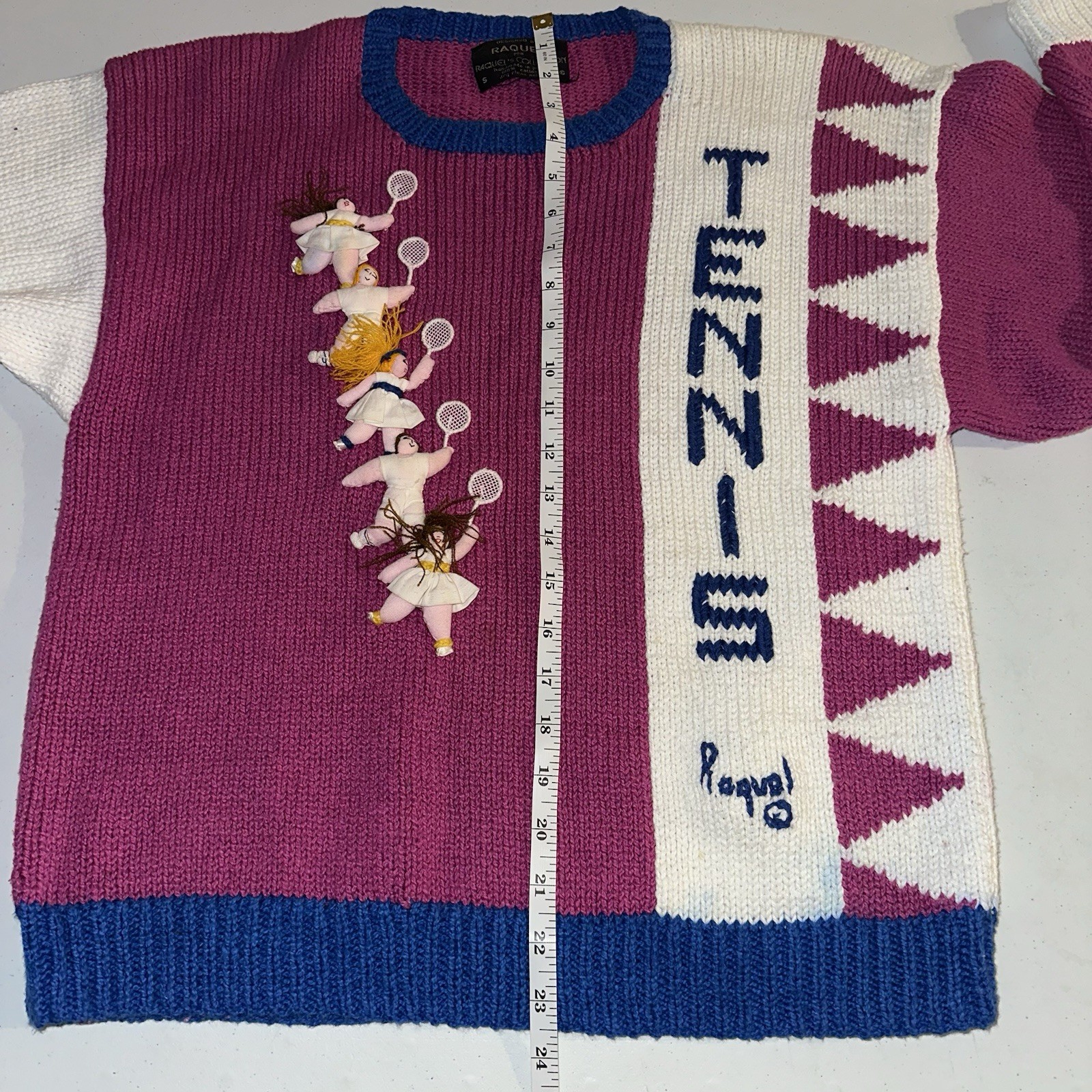 Vintage 1980s Raquels Collection 3D Tennis Knit Sweater Size Small Colorblock