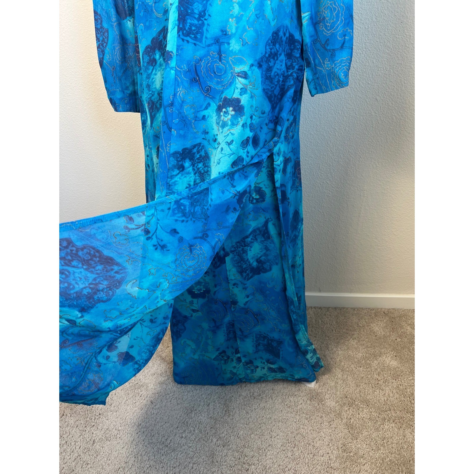 VTG Rabbit Rabbit Designs Blue Floral Rayon Maxi Dress Duster Set Size 12 Artsy