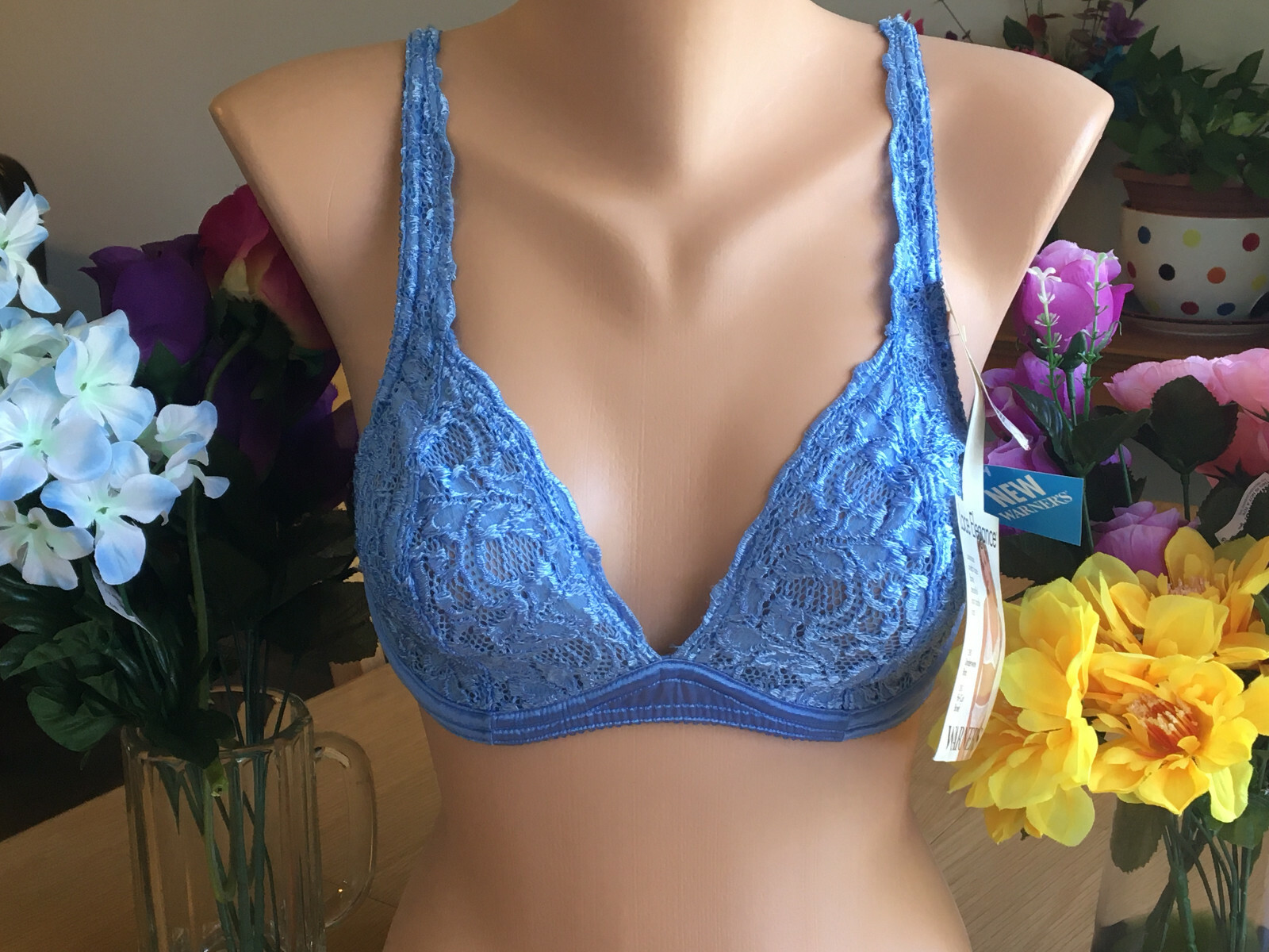 120 Warner’s 34C Blue Gloss Lace Elegance Underwire Bra #1280 VTG NWT NOS B