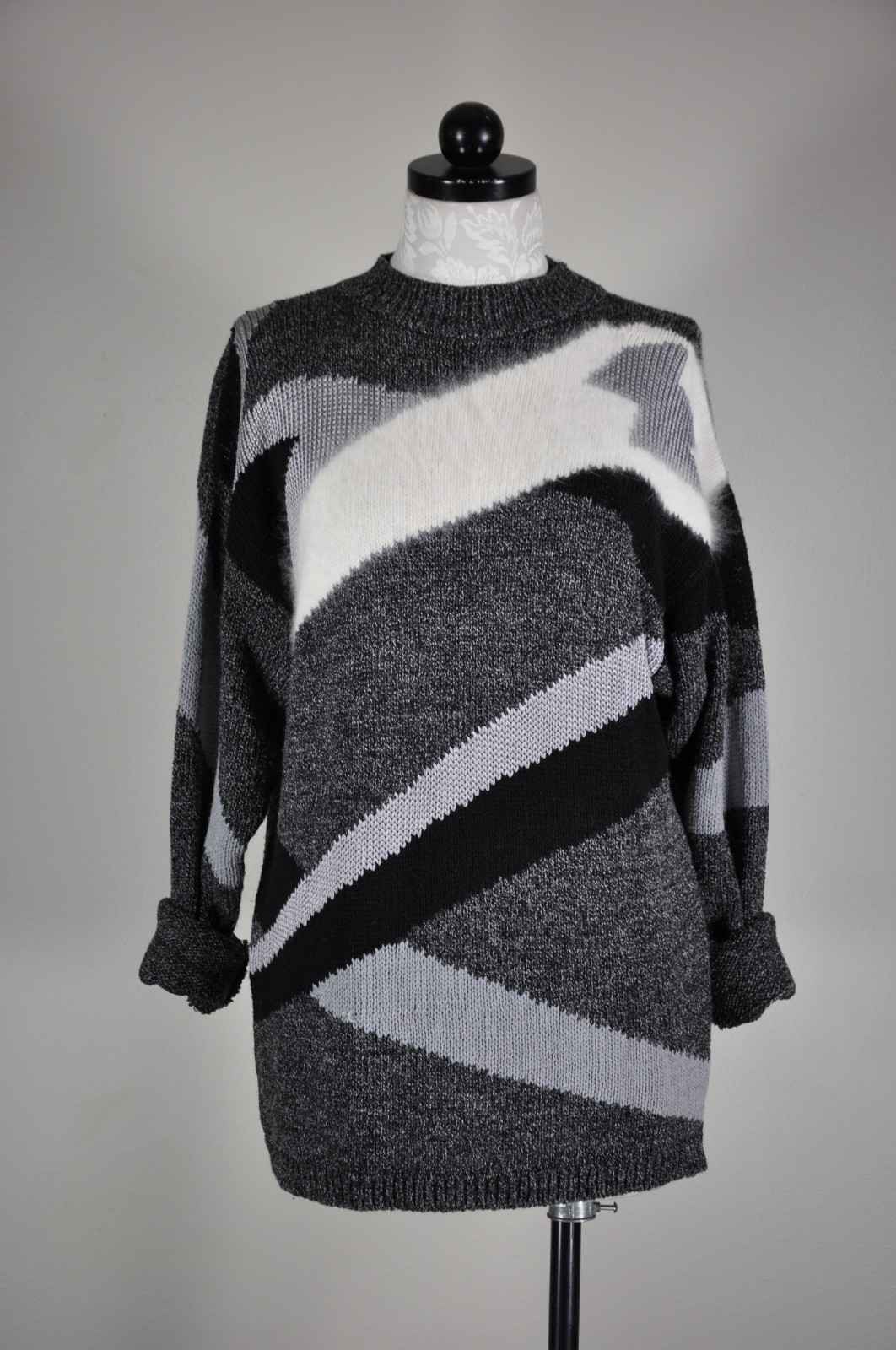 90s Vintage Gray Angora Rayon Colorblock Crewneck Boyfriend Sweater Women M L