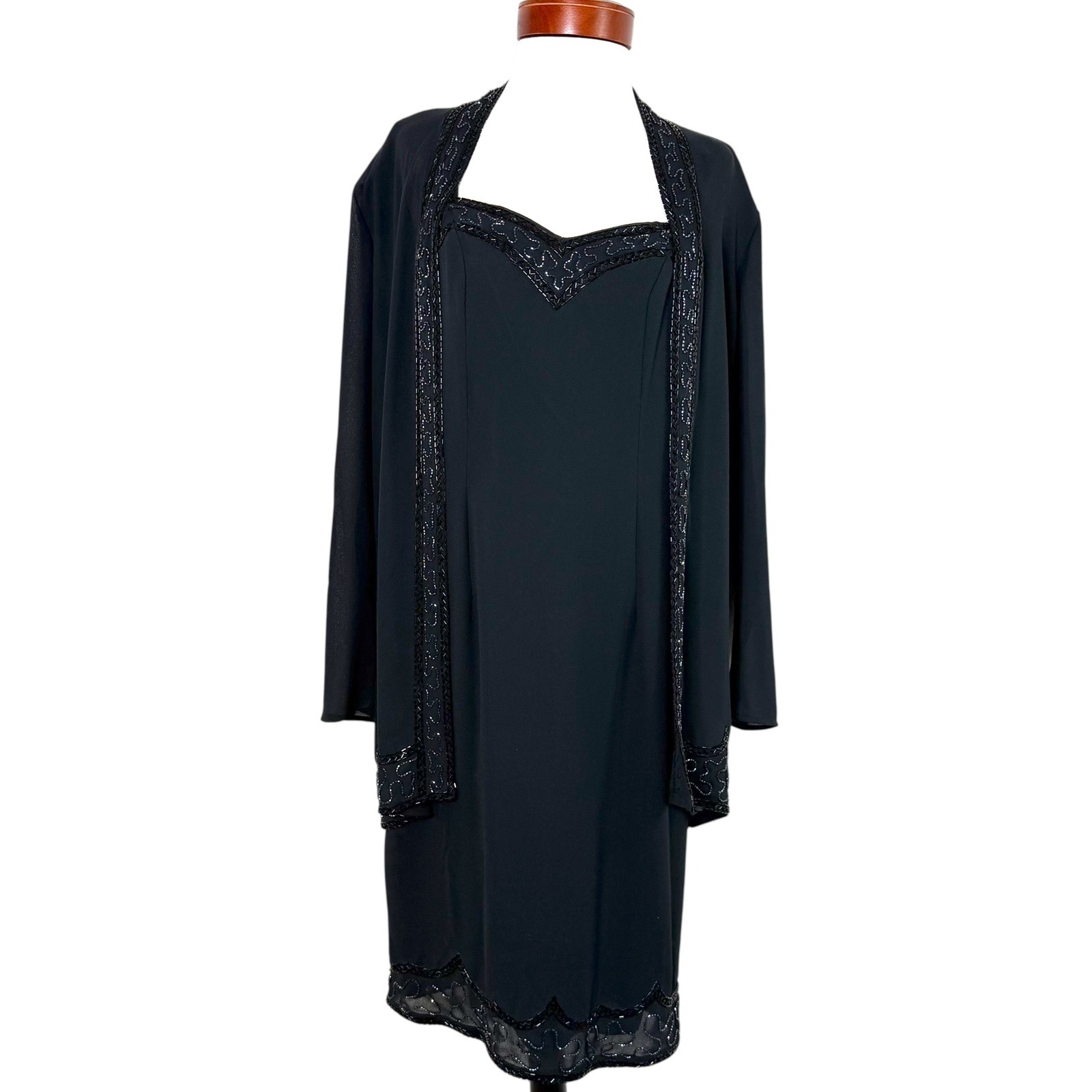 VTG 90s Samuel Scott Beaded Dress and Duster Set Black Made in USA Evening Glam
