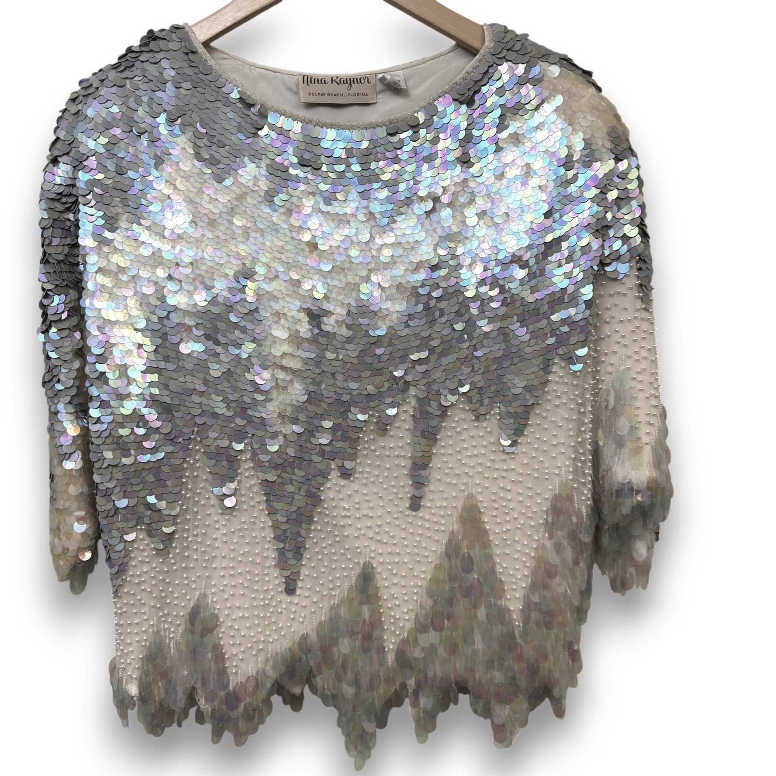 VTG Nina Raynor Top Small AMAZING 100% Silk Iridescent Sequin Beaded Mermaidcore